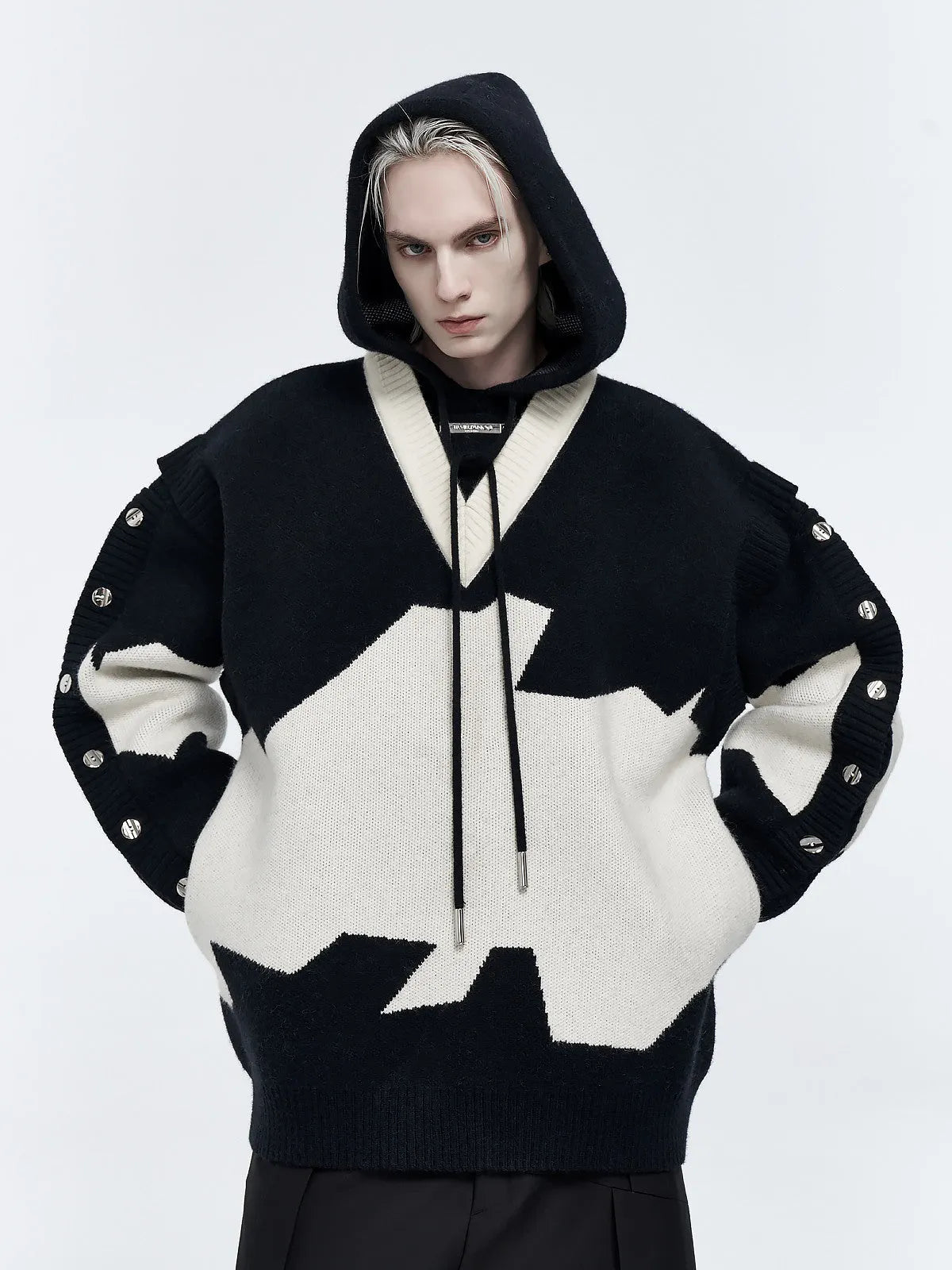 Men's ink gray black colour block long sleeve embroidered pullover hoodie jacket on hanger