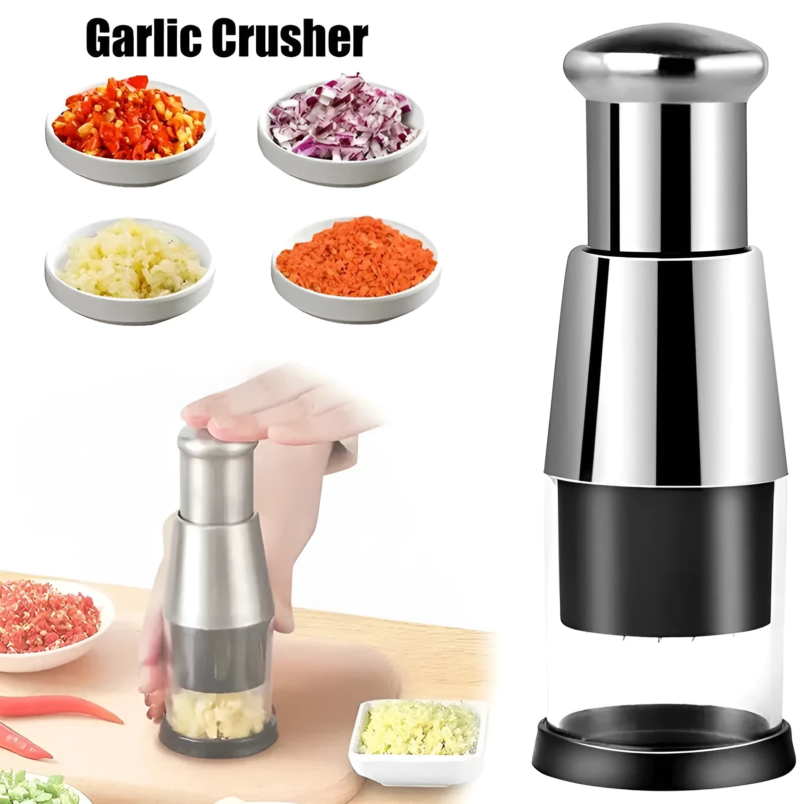Manual garlic crusher and onion chopper kitchen gadget with stainless steel blades