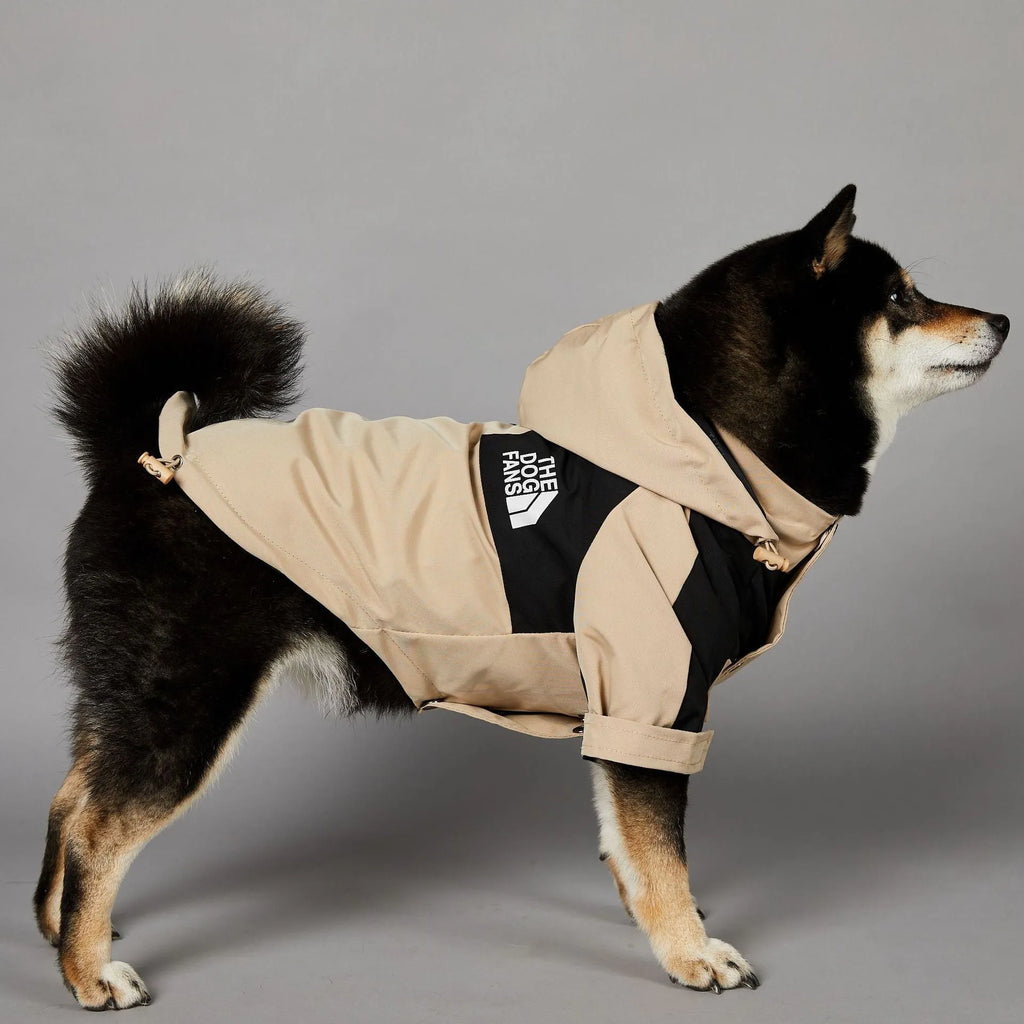 Khaki coloured polyester dog shell jacket for medium and large breeds on a mannequin.