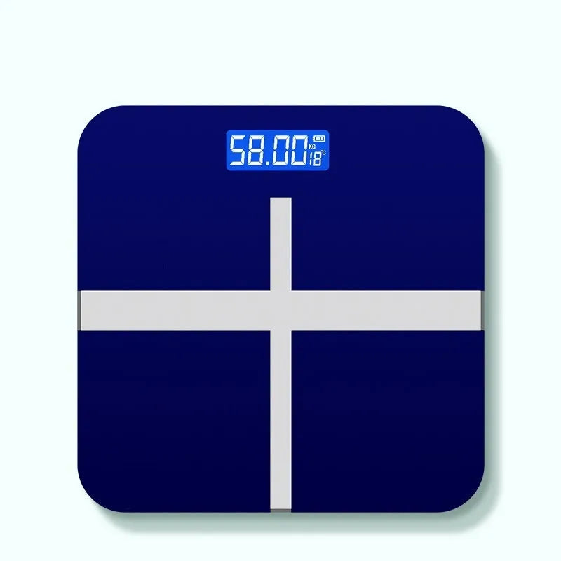 USB rechargeable electronic body weight scale in cross black, rose red, or white.