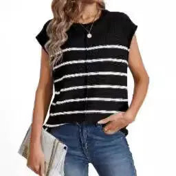 Women's striped sleeveless pullover vest with seam bone stitching in apricot colour