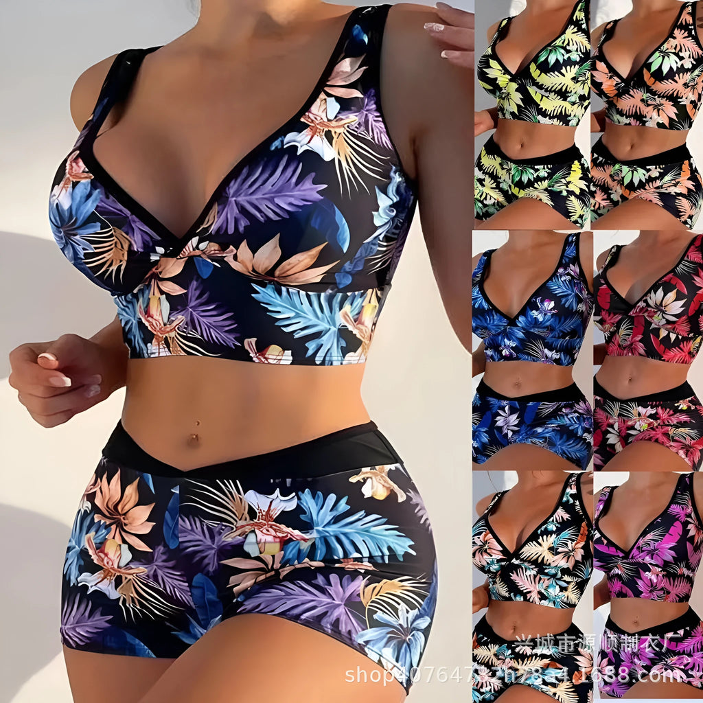 Women's two-piece swimsuit set showing sleeveless top and matching printed boxer shorts in a floral pattern.