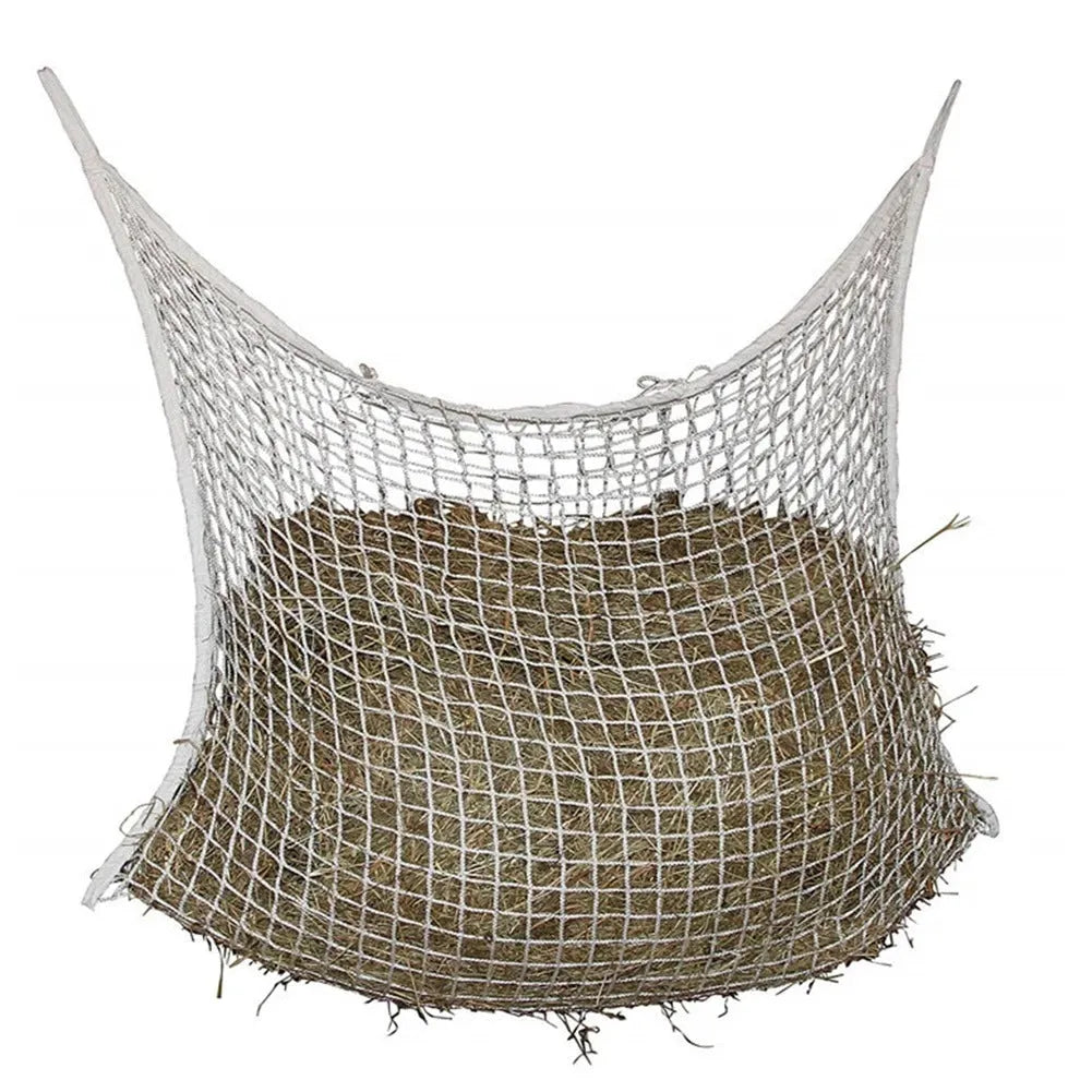 Black woven PE rope grid hanging feeding bag for horses and cattle.