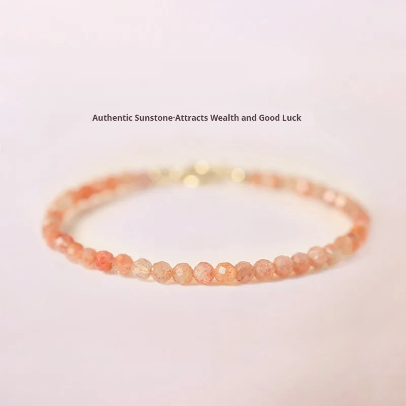 Sunstone crystal fortune bracelet with 3mm ultra-thin beads on female wrist