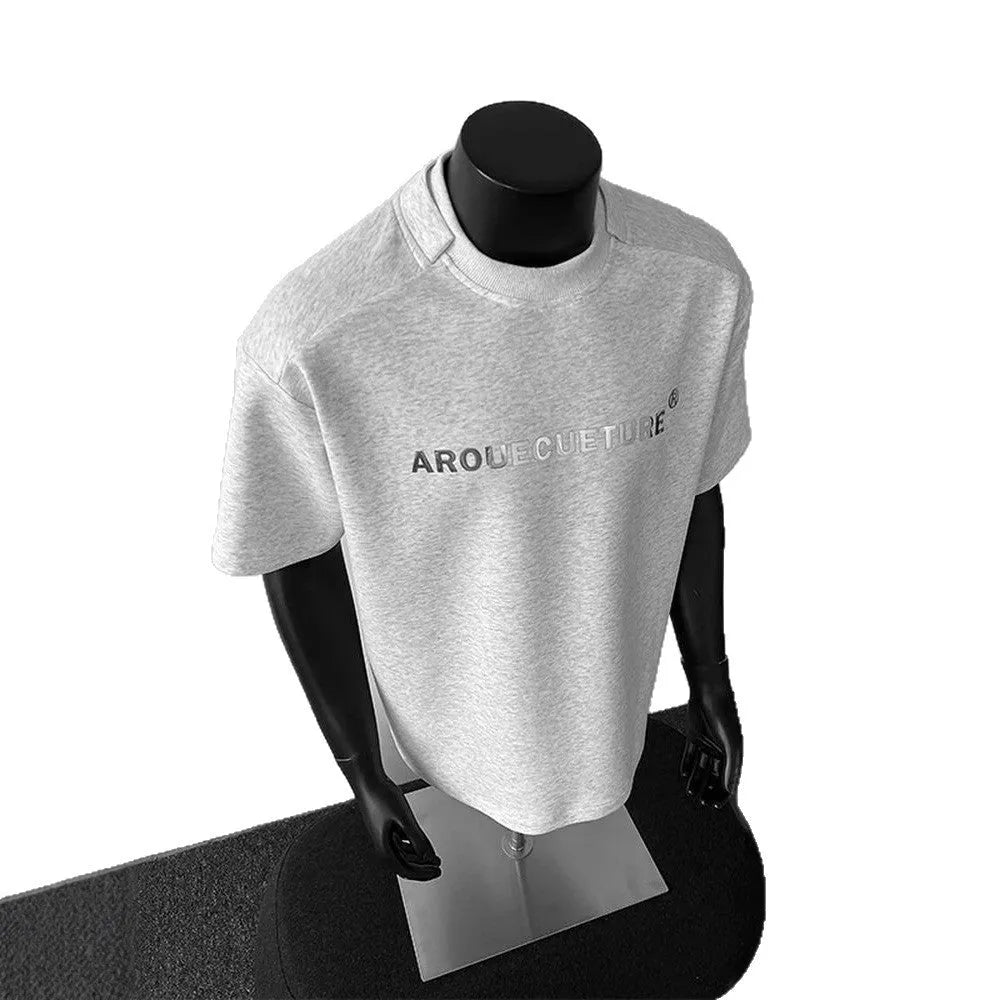 Men's white cotton short sleeve t-shirt with black printed letters, loose fit pullover style