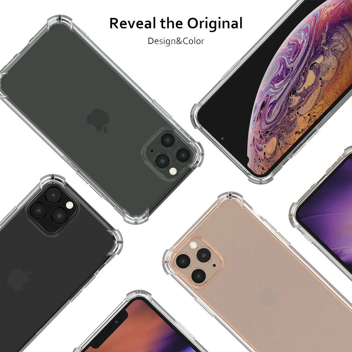Clear transparent TPU shockproof phone case for various iPhone models on a table.