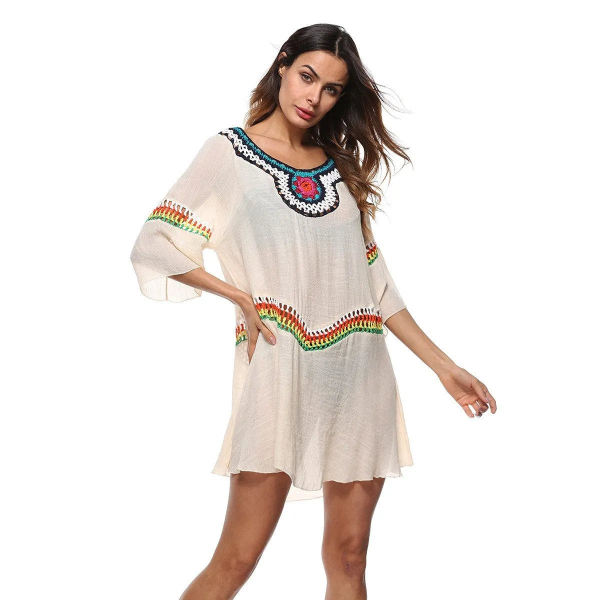 Women's crocheted ethnic style beach clothing set for swimming, shown in apricot colour.