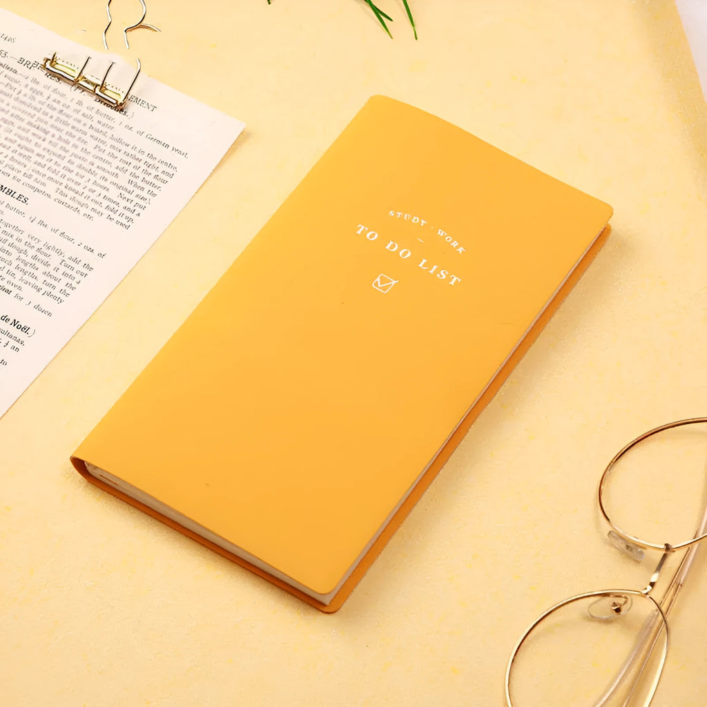 Simple Style portable todo list notebook in blue, green, pink, or yellow PU cover, showing 96 pages of eye protection paper.