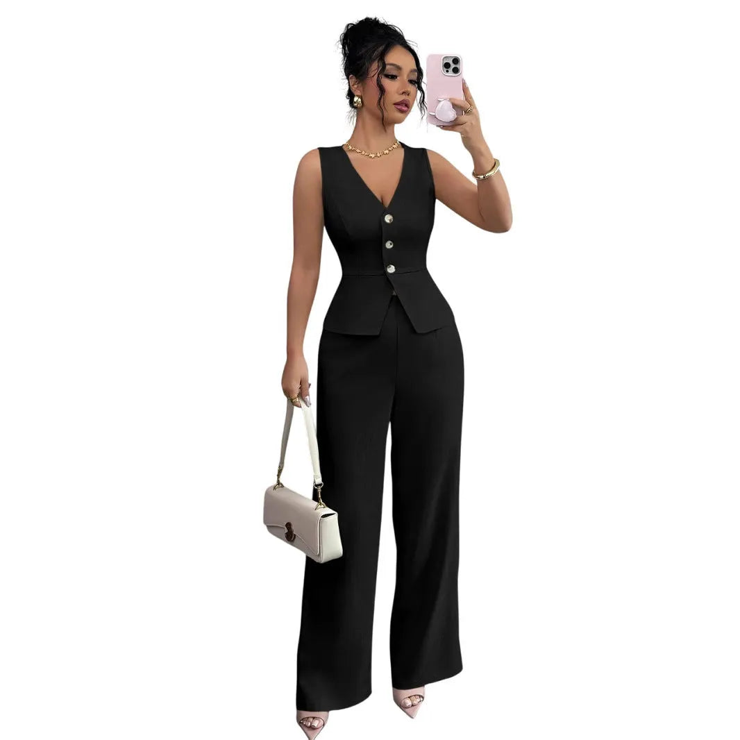 Women's sleeveless vest and high waist trousers two-piece set in solid colours, Japanese Korean casual style