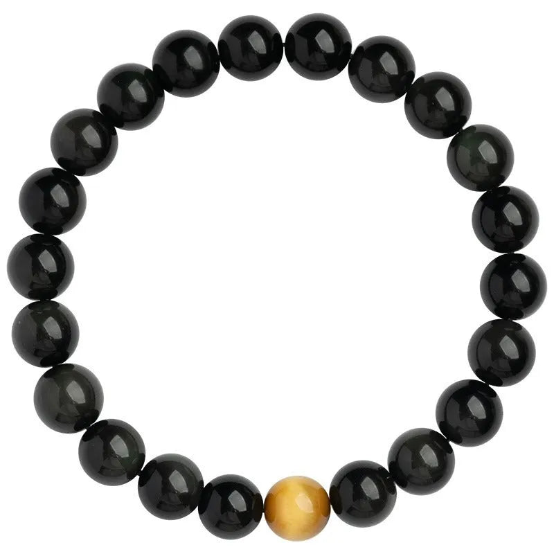 Black obsidian geometric bead bracelet in Korean style, showing size options.