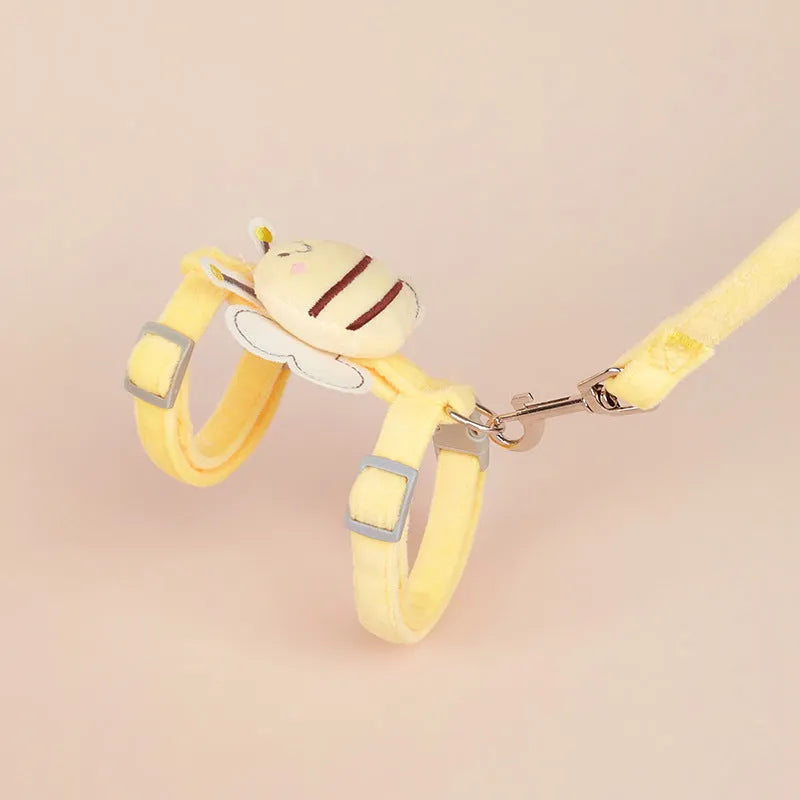 Bee shaped cat harness and leash set in blue colour showing adjustable straps and detachable hand rope