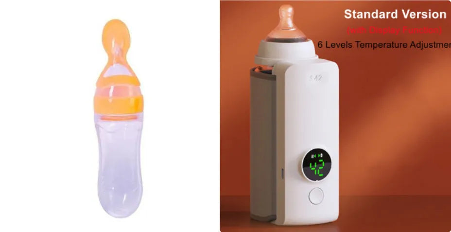 Grey portable USB rechargeable baby bottle warmer with digital display wrapped around a baby bottle.