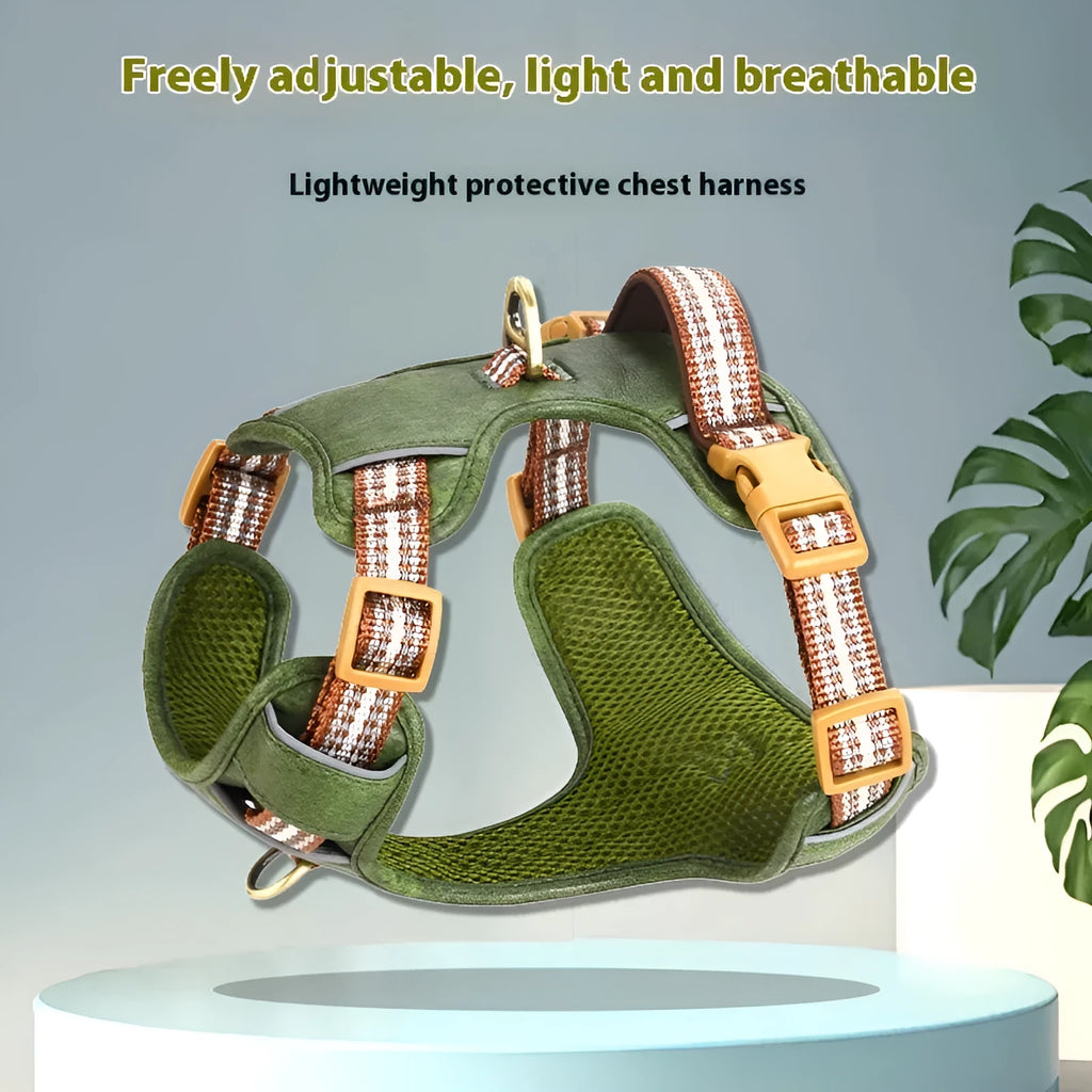 Brown leather dog harness with reflective stitching, adjustable straps, and chest attachment design