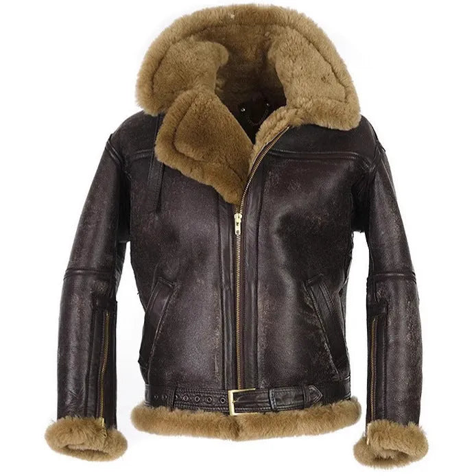 Men's brown retro synthetic leather fur coat with straight hem, worn open.
