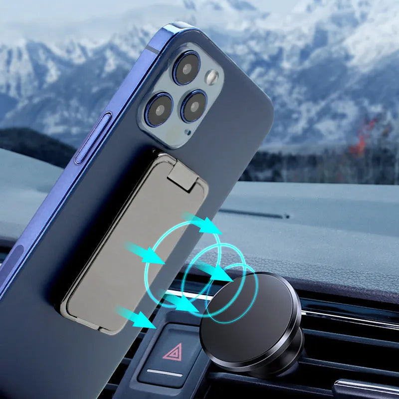 Silver foldable mobile phone holder with magnetic bracket showing adjustable viewing angles