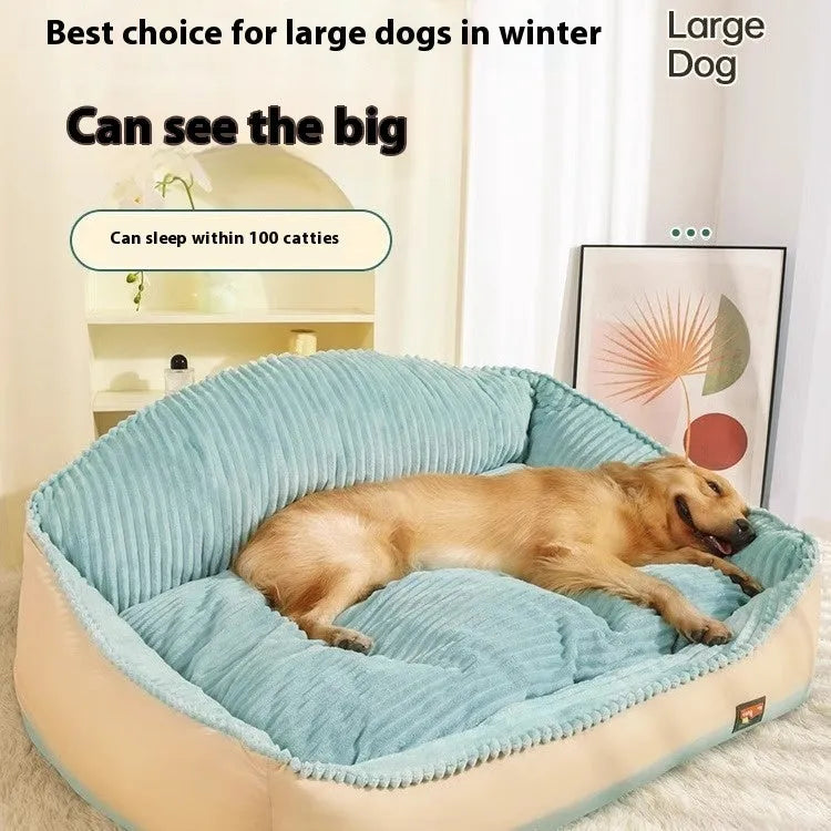 Morandi coloured washable dog mat and cat bed with a removable cover, shown in two sizes.
