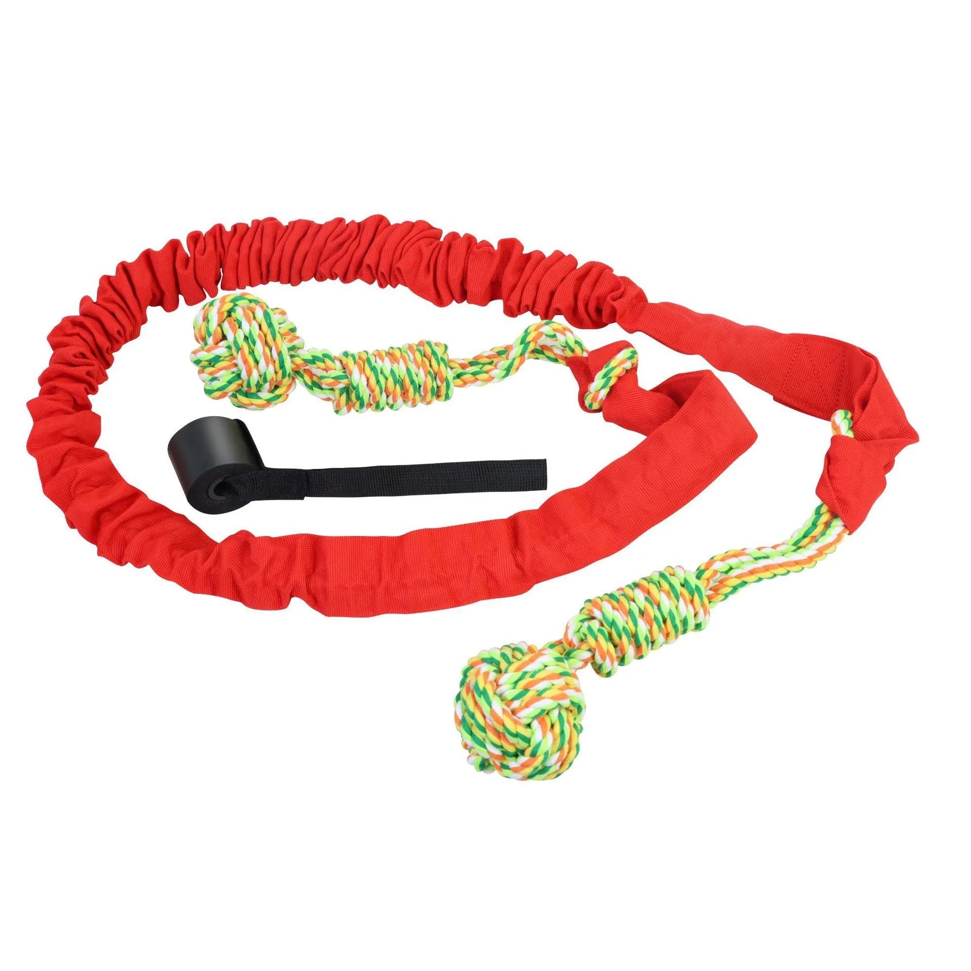 A long, woven cotton rope dog tug toy shown in a choice of black, grey, or red.