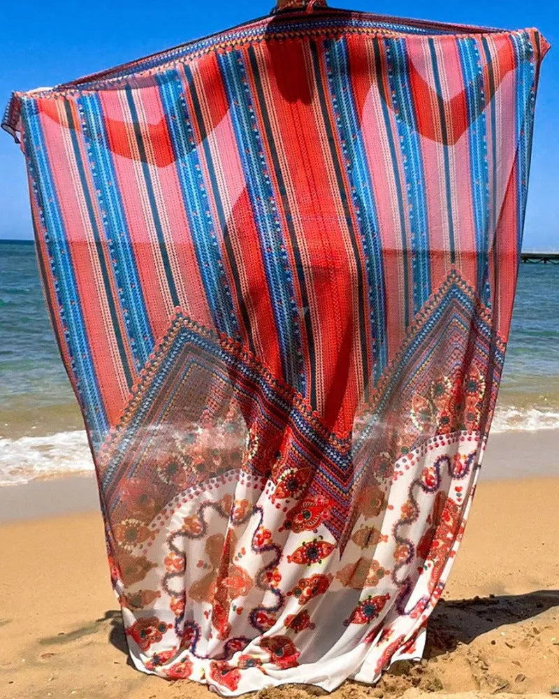 Women's three-piece swimsuit set featuring a high-waist brief, a cutout blouse, and a coat, shown in picture colour.