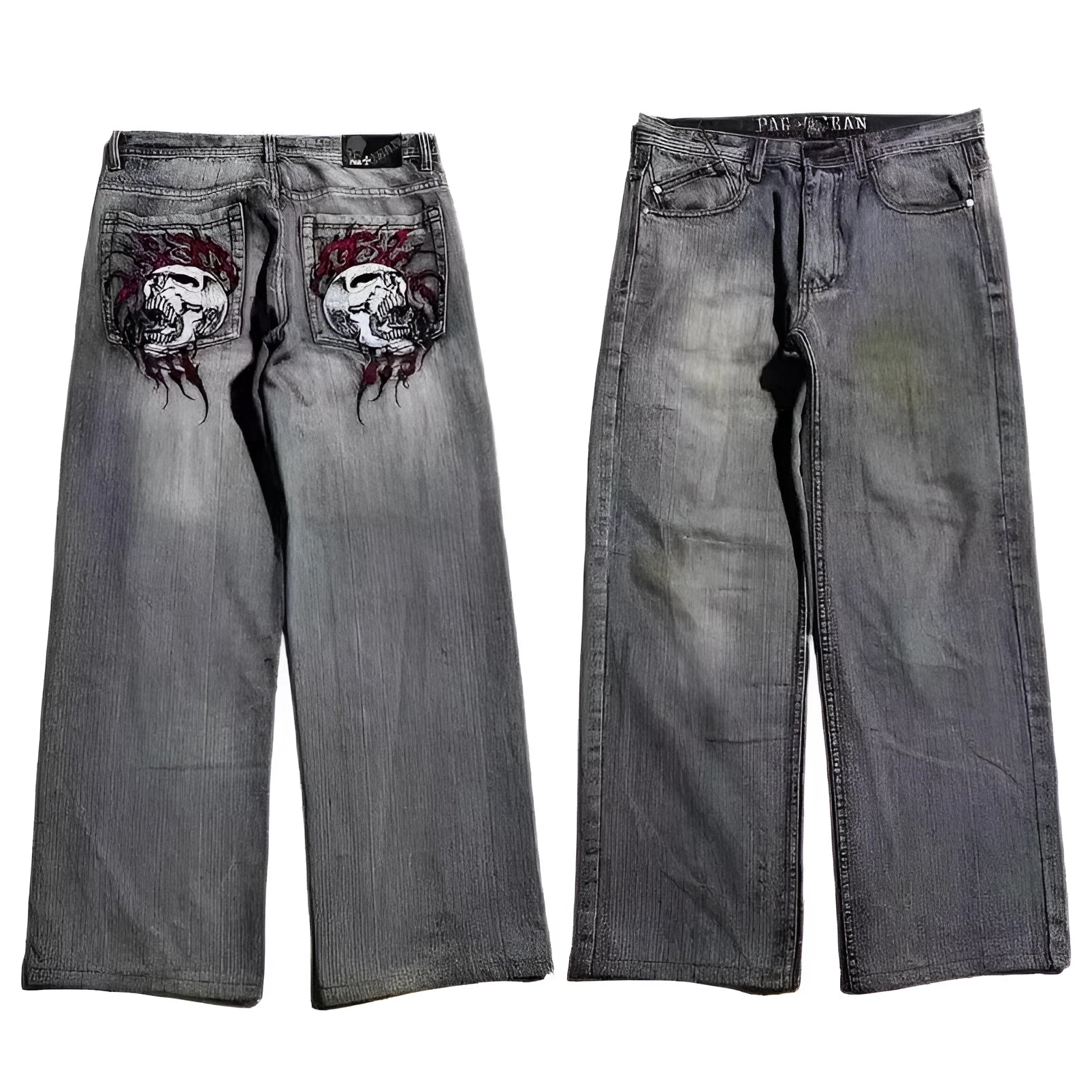 Men's washed grey wide-leg straight jeans on a neutral background.