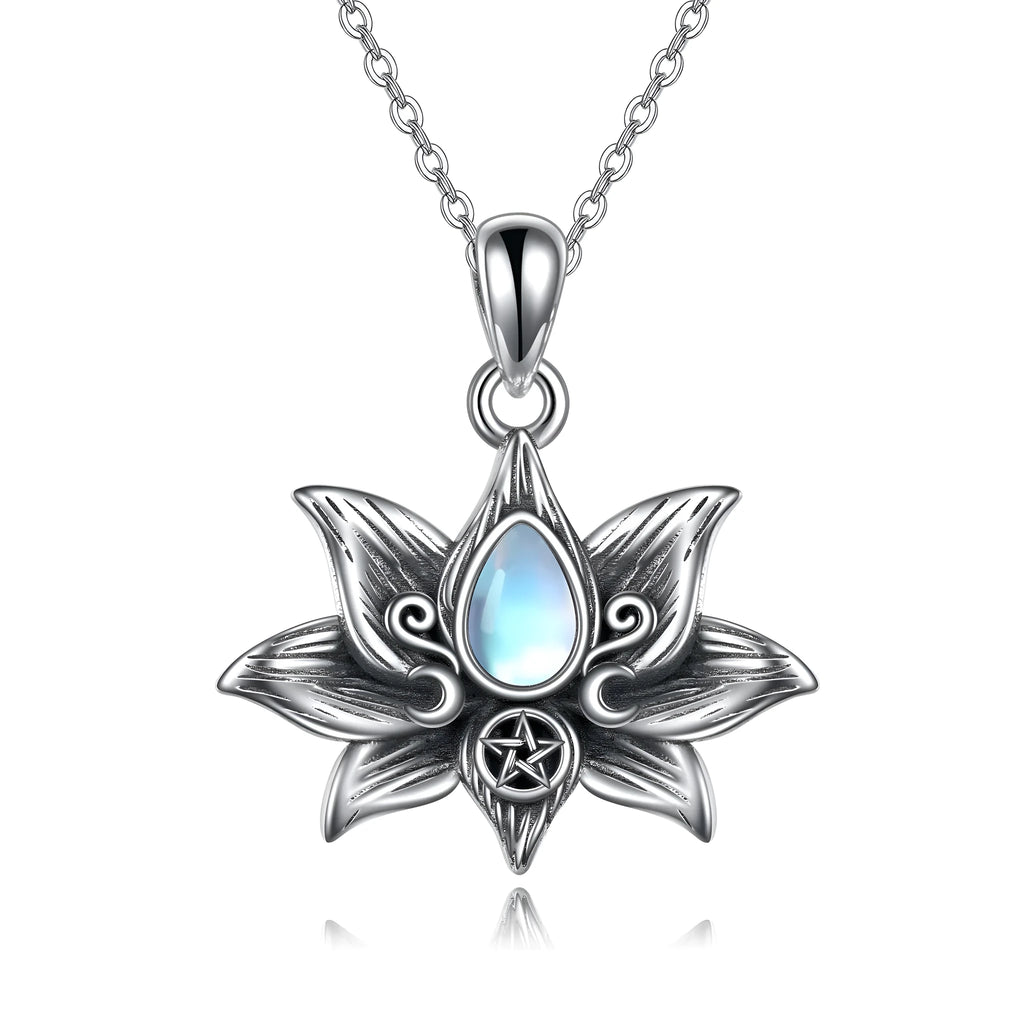 Sterling silver moonstone lotus flower pendant necklace on a calendered O-chain with retro silver finish