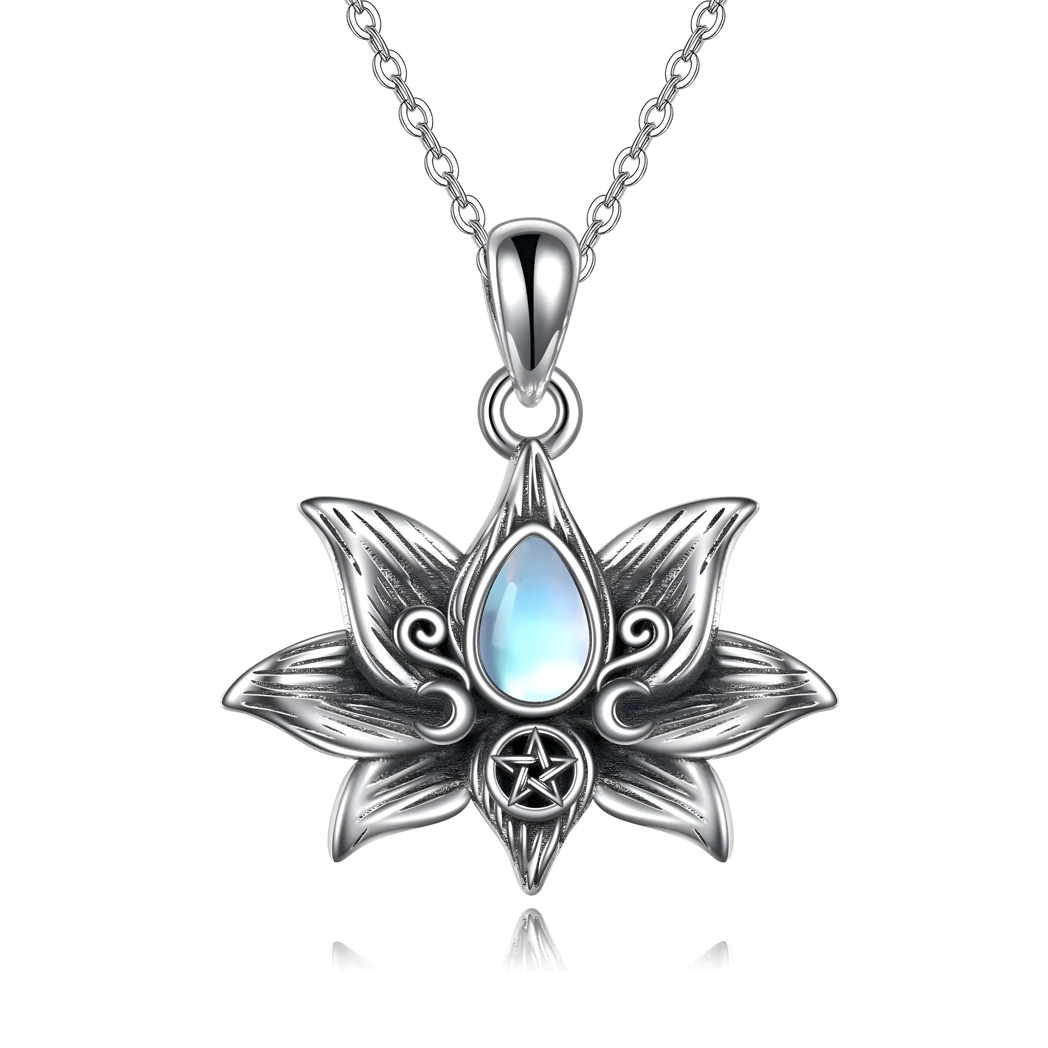 Sterling silver moonstone lotus flower pendant necklace on a calendered O-chain with retro silver finish