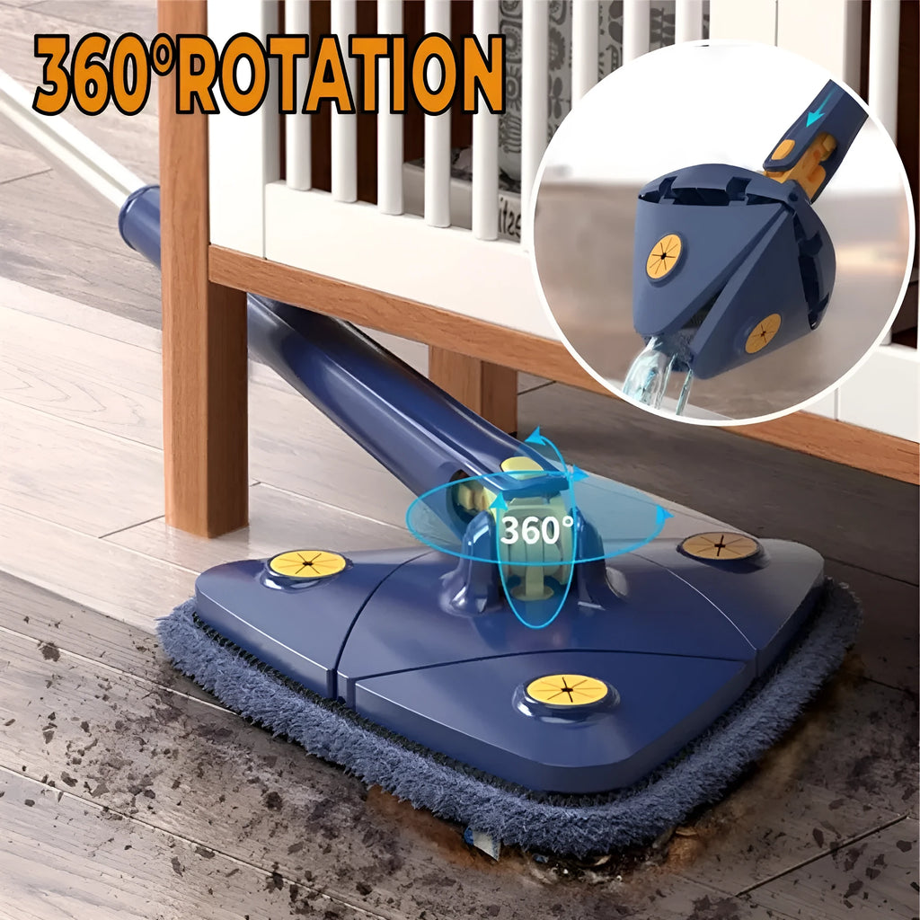 Extendable triangle mop with rotating blue head and adjustable stainless steel pole for corner cleaning