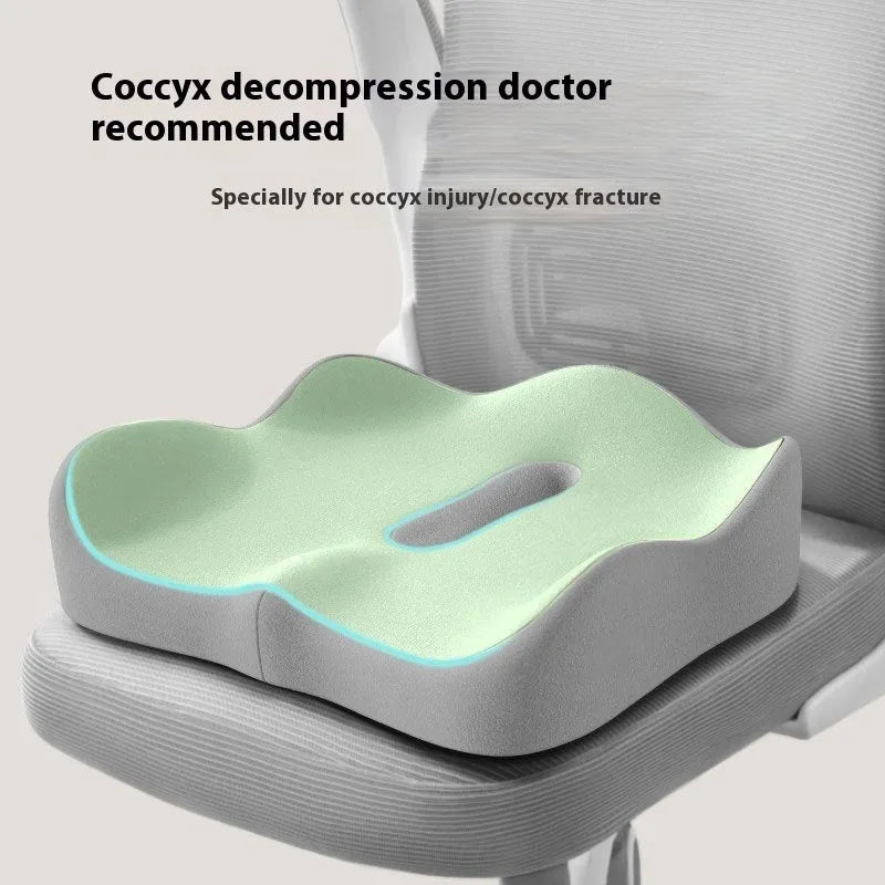 Solid-colour office seat cushion with memory foam for waist and tailbone support, shown in a blue and grey colour combination.