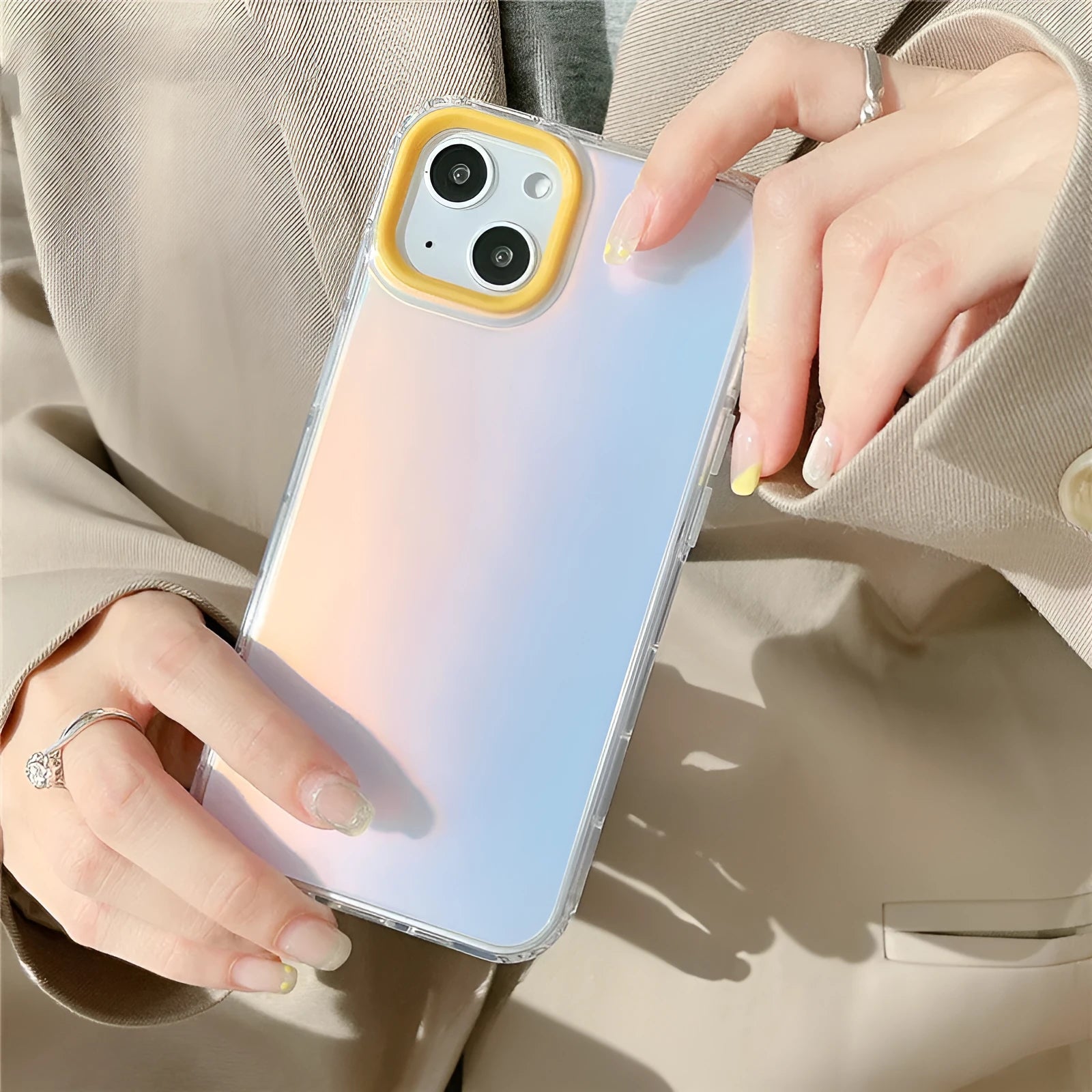 Laser gradient acrylic anti-fall mobile phone case in pink for iPhone with clear finish
