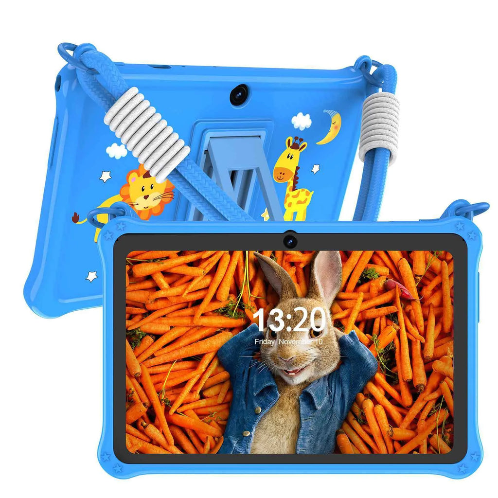 7-inch children's silicone tablet case with flat strap in sapphire blue and dark pink colours