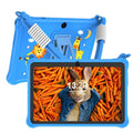 7-inch children's silicone tablet case with flat strap in sapphire blue and dark pink colours