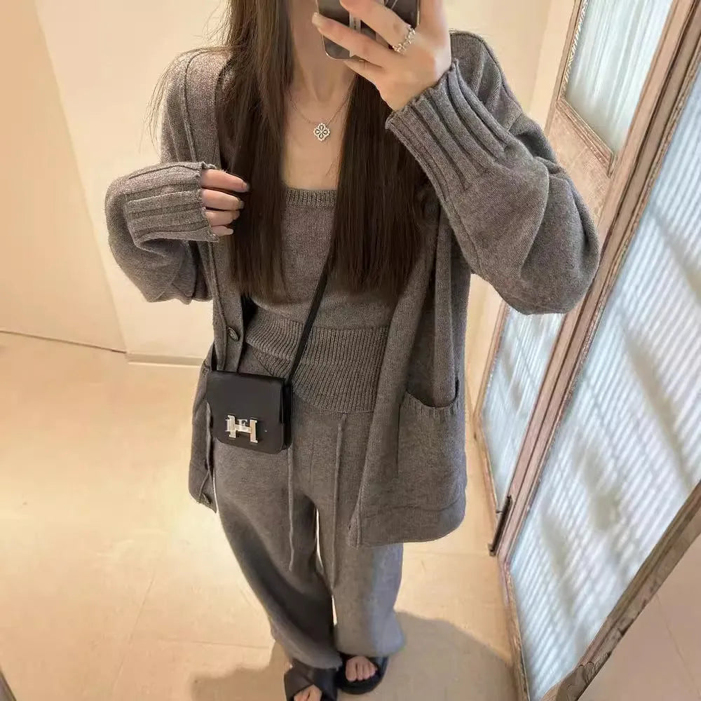 Women's knit cardigan suspender trousers three-piece set in wool blend fabric