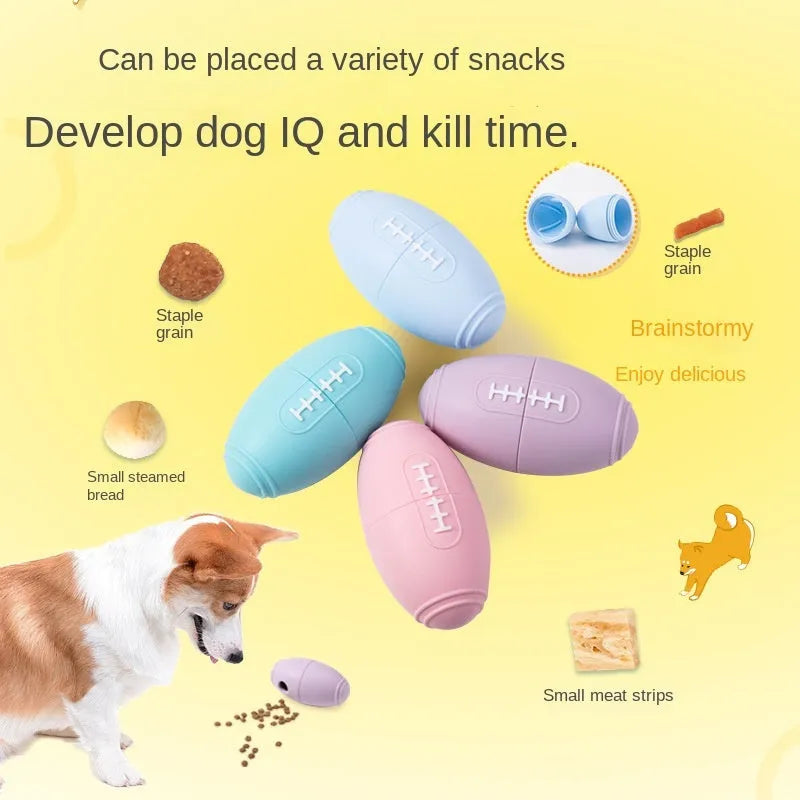 Silicone rugby ball dog chew toy with treat dispenser in four colour variations