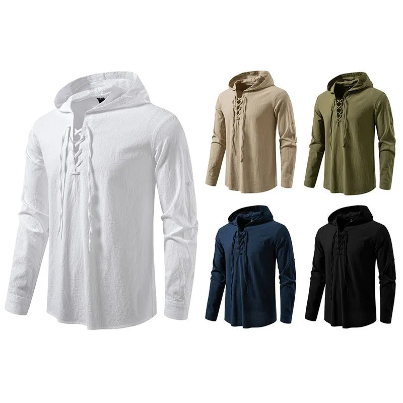 Men's cotton linen drawstring long sleeve pirate print shirt in white, slim fit pullover style