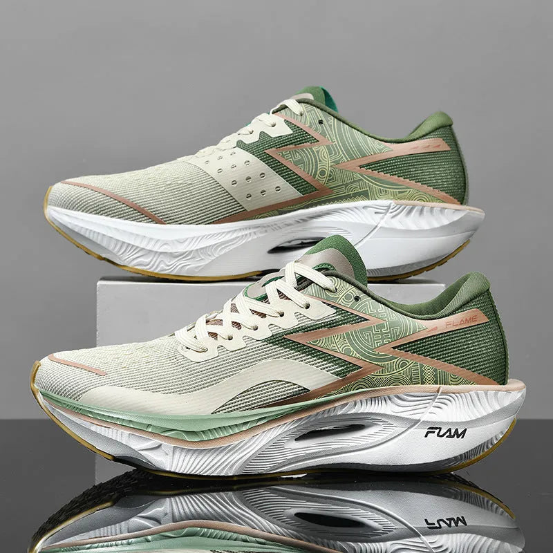 Marathon full palm carbon plate racing running shoes in multiple colours on a white background