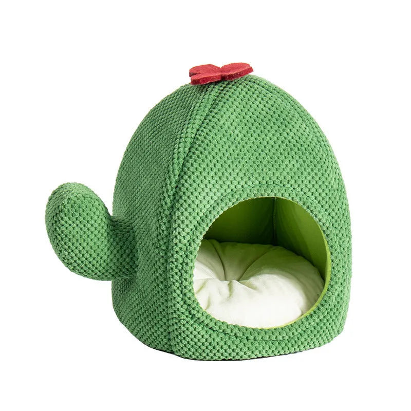 Green cactus-shaped enclosed pet bed cave for cats and small dogs
