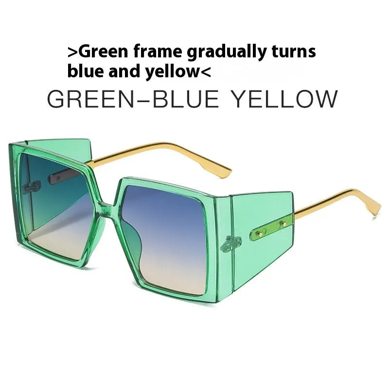 Large square frame sunglasses with a black acetate frame and dark grey tinted lenses