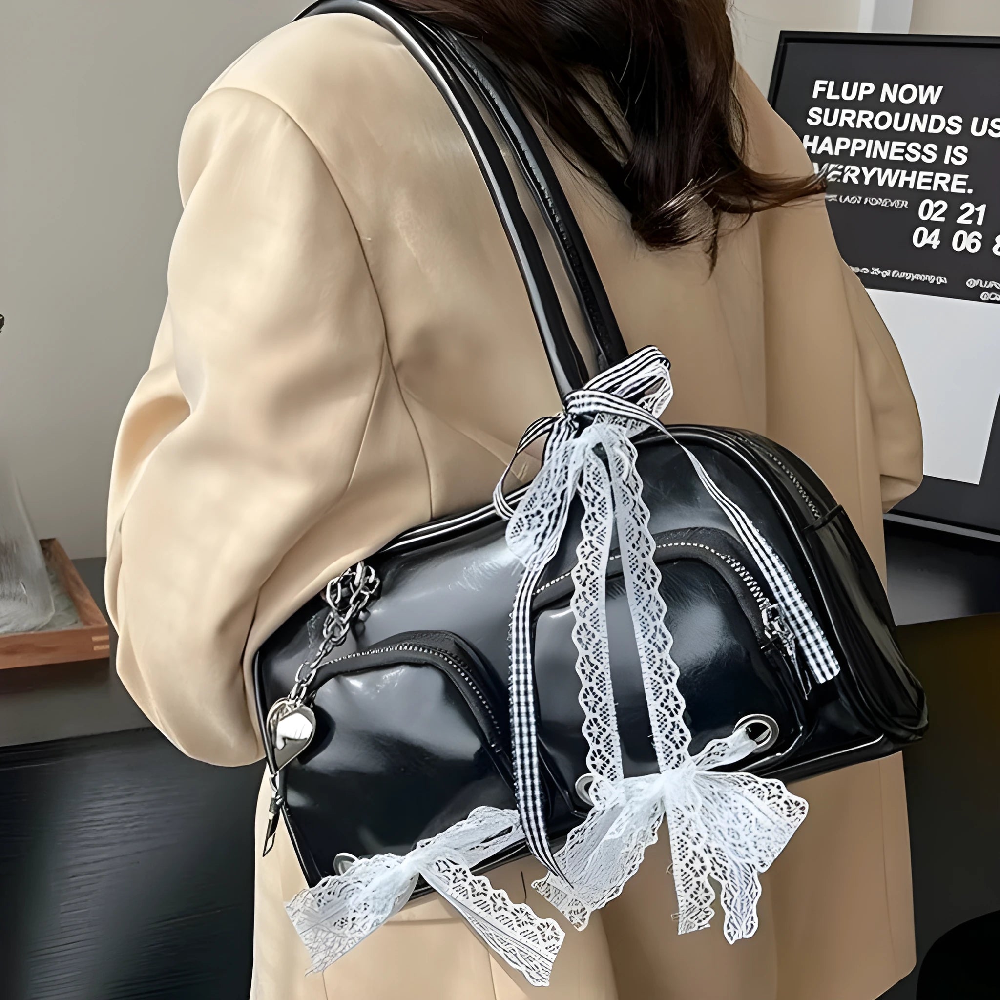 Large capacity soft PU leather shoulder bag in horizontal square shape with mobile phone pocket