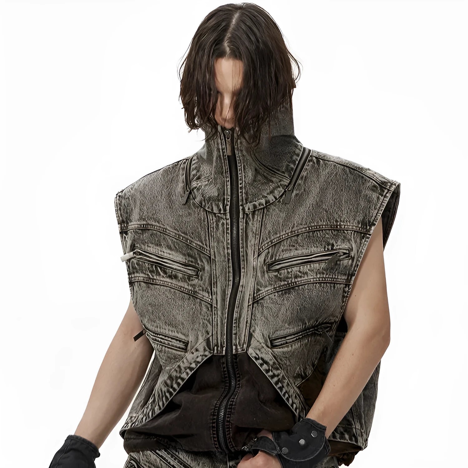 Men's sleeveless denim vest jacket with front zipper in casual summer style