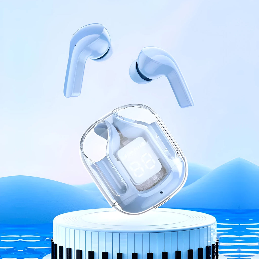 Transparent space capsule case containing white Bluetooth earbuds with a digital battery display.