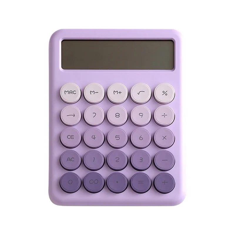 Gradient colour desk calculator in violet, pink, blue, or mint green on a desk.
