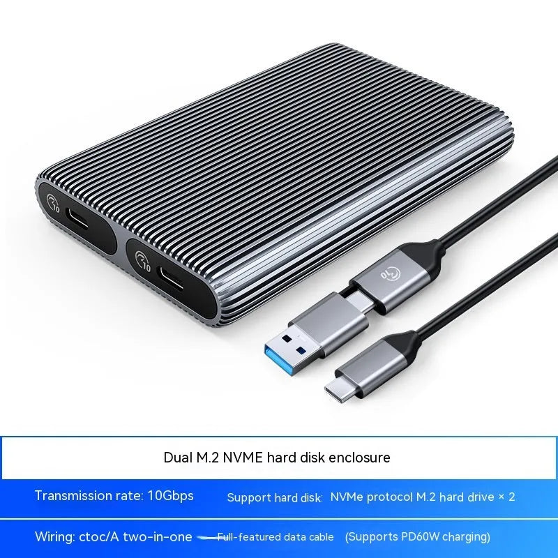 Aluminium alloy external SSD enclosure for M.2 SATA and NVMe drives with two-in-one data cable