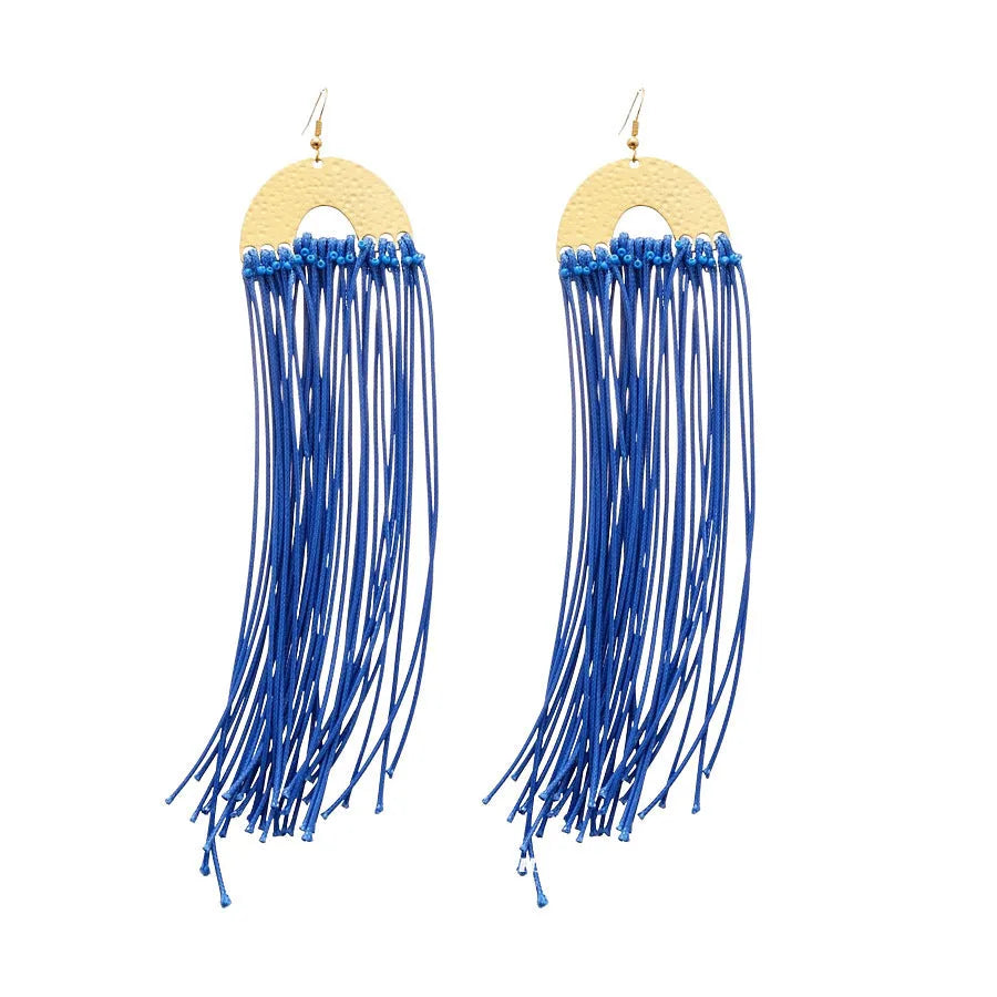 Geometric-shaped cloth earrings in silver needle and blue resin flower colours.