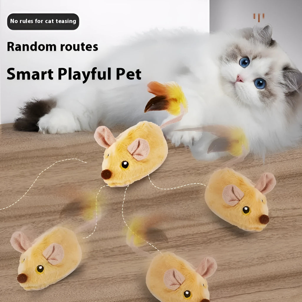 Grey plush electric mouse cat toy with remote control on wooden floor