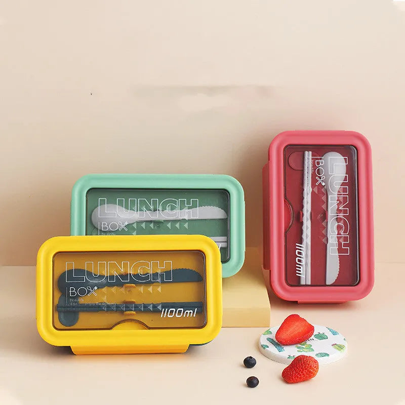Four compartment partitioned bento lunch box with Nordic design in green, red or yellow colours