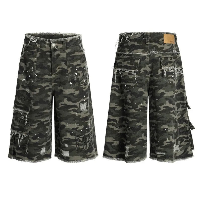Camouflage cotton wide leg shorts with micro elastic waist in summer style