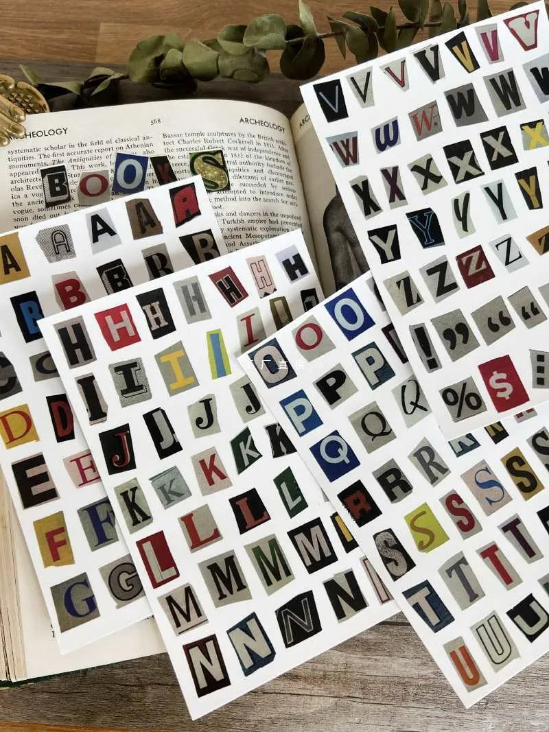English letters and numbers symbol label sticker sheets showing alphabet sets and week words for decoration
