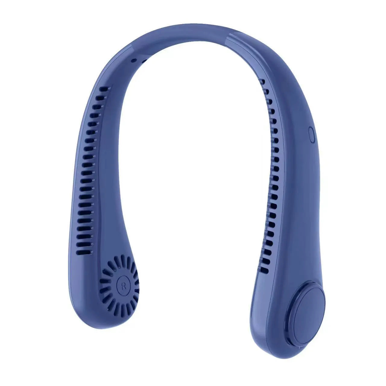 White rechargeable bladeless neck fan hanging around a person's neck