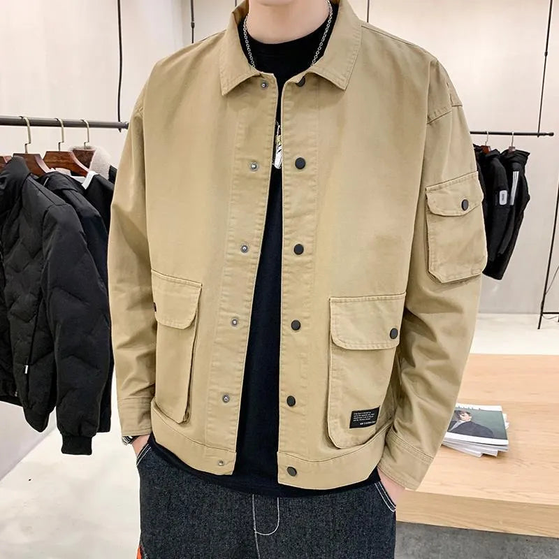Men's autumn coat with lapel collar in army green, loose fit polyester-vinylon blend, front view