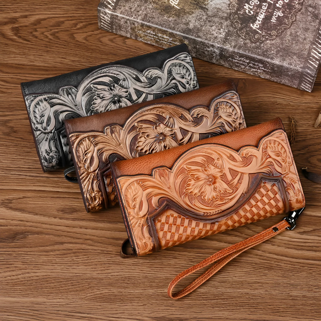 Chinese style embossed tri-fold leather wallet in retro brown colour showing floral pattern