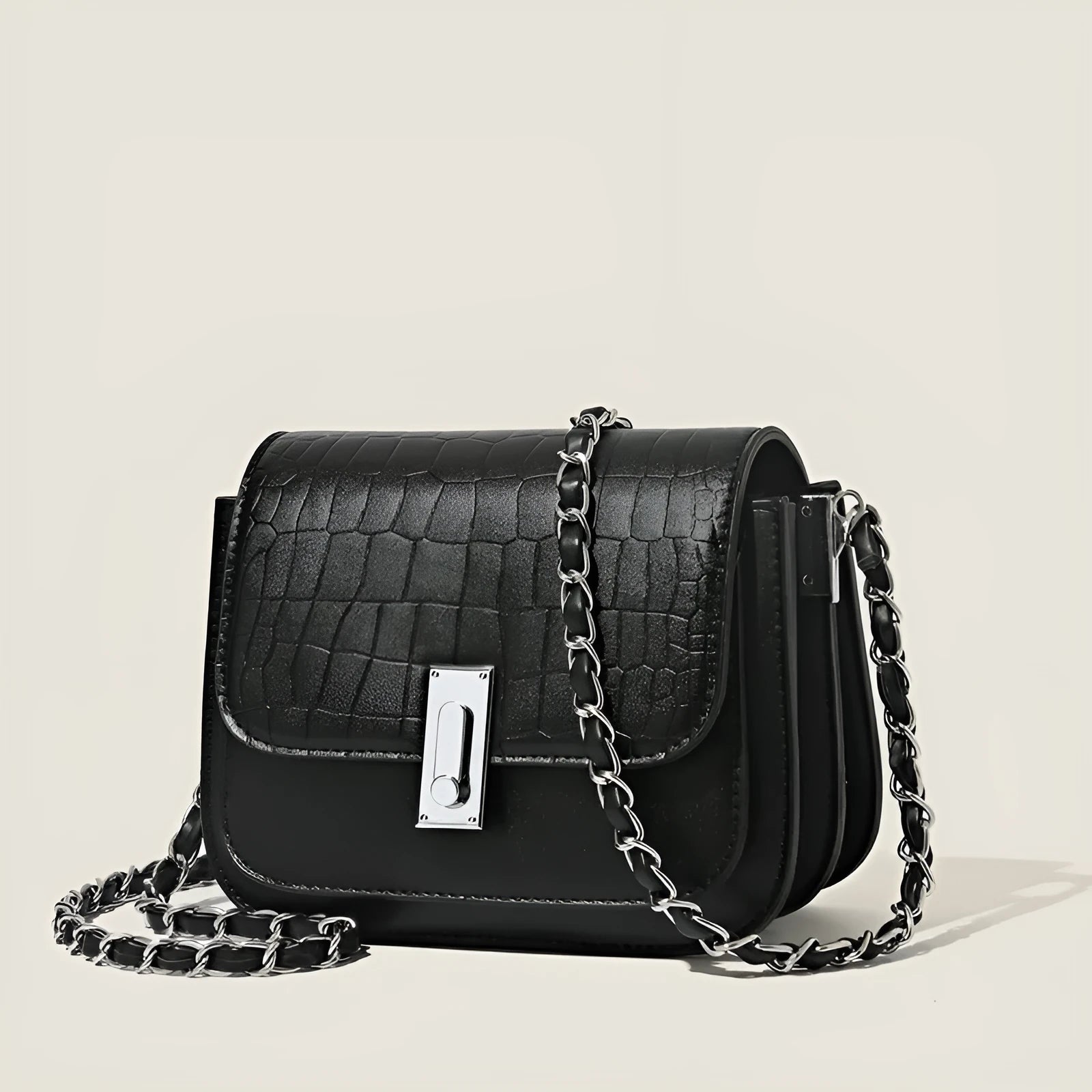 A soft black PU leather women's chain shoulder bag with a square shape and sandwich pocket design.